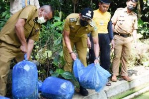 Bupati Kuningan saat menebar ribuan benih ikan.
